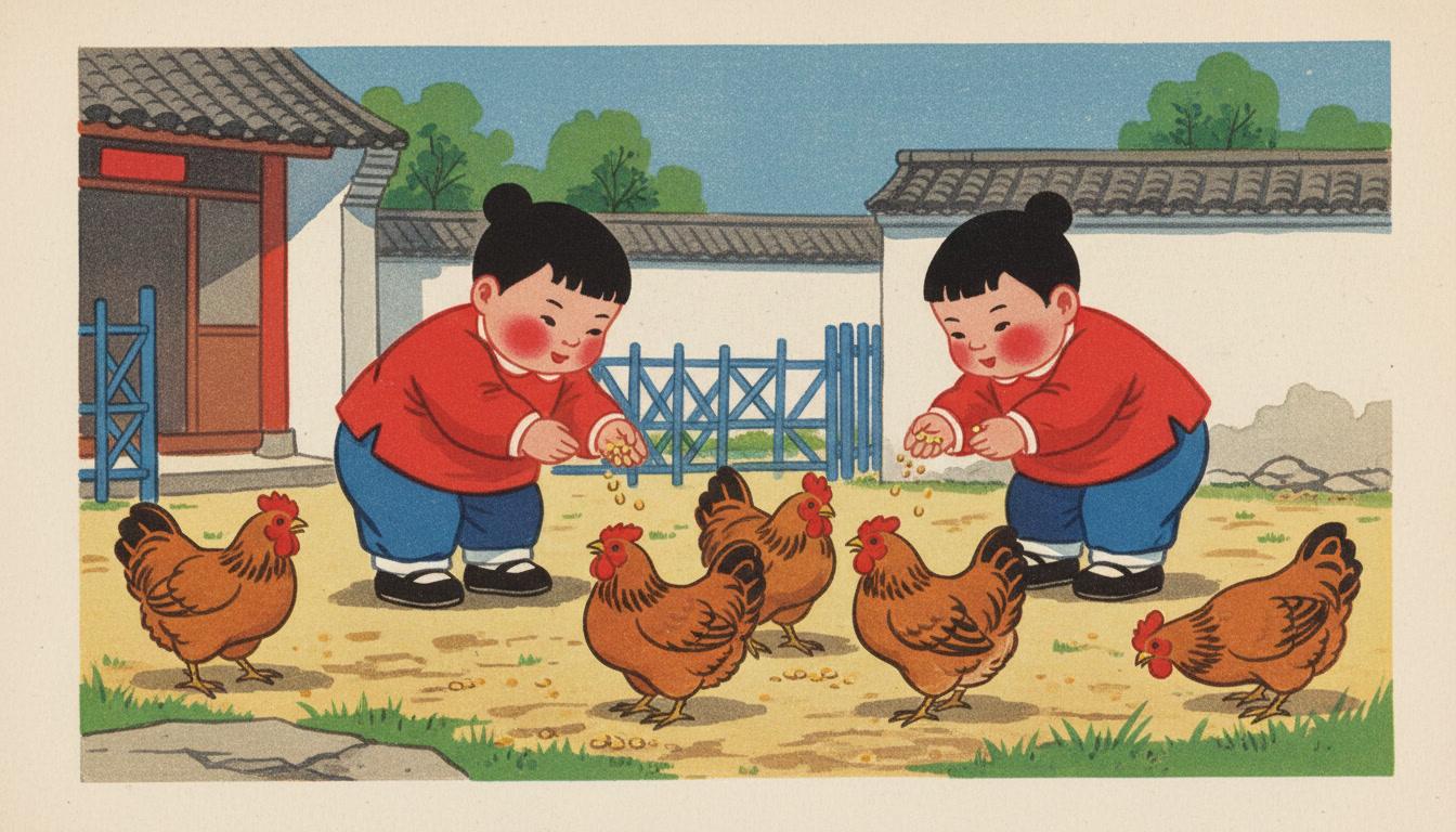 Retro 1980s Chinese magazine gouache illustration of two round-faced children feeding chickens in a courtyard, painted in chunky flat blocks of opaque poster colour