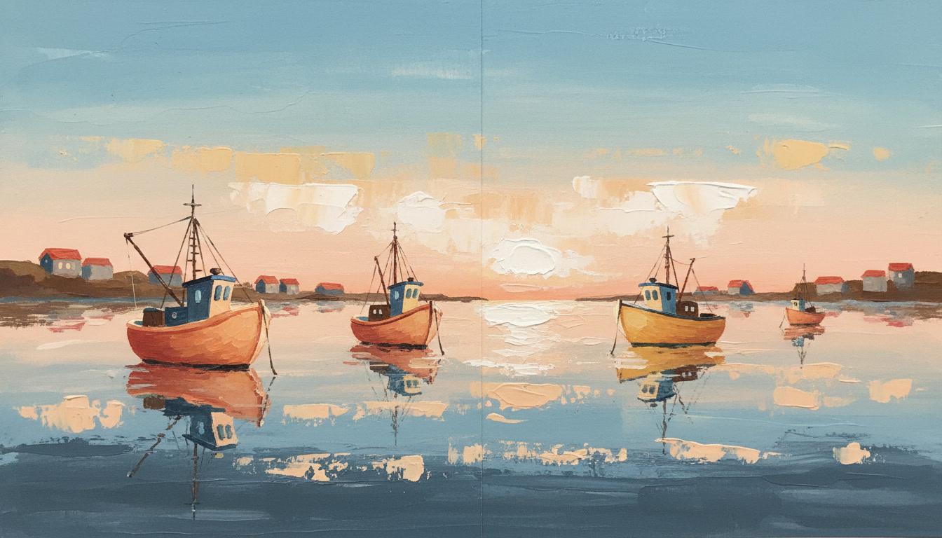Gouache illustration of a small harbour at dawn, painted as broad flat bands of matte opaque colour with the morning light laid over the darker underpainting