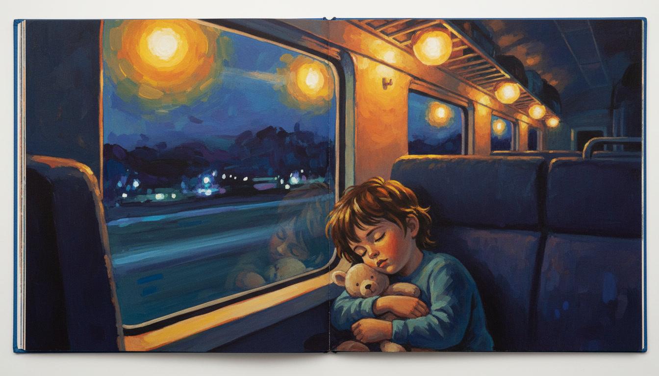 Gouache story art of a night train carriage with a sleeping child and warm overhead lamps, the lamplight painted as opaque highlights over deep blue shadow