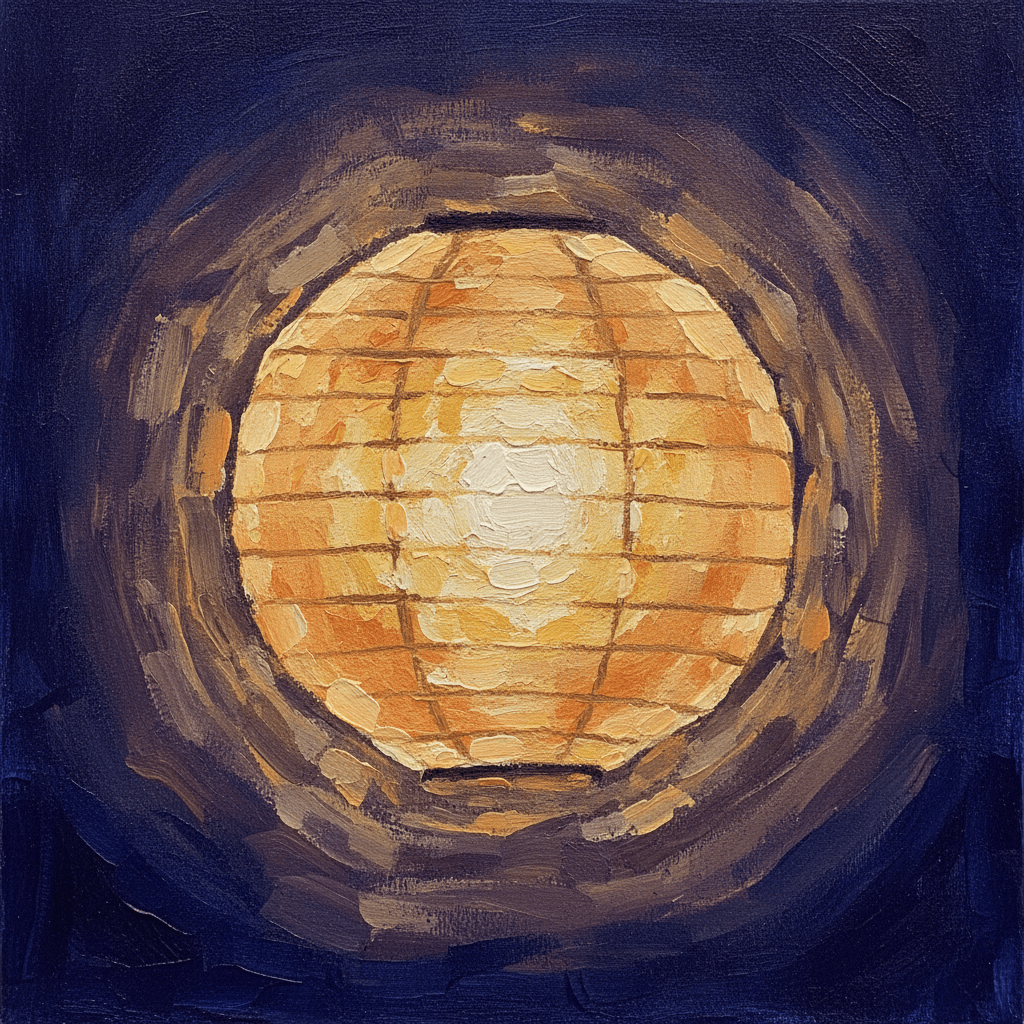 Gouache illustration of a paper lantern glowing in the dark, showing pale opaque paint laid directly over a deep indigo background