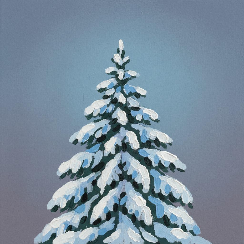 Square gouache illustration of a snow-laden fir tree against a dusk sky, snow painted as opaque white strokes laid on top of the dark green branches