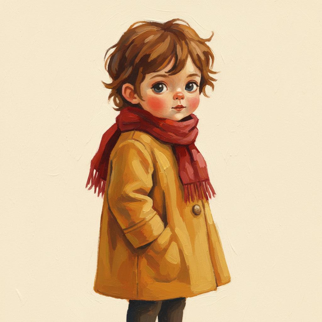 Square gouache illustration of a child in a mustard coat and red scarf, the form described entirely by brush edges with no drawn outline