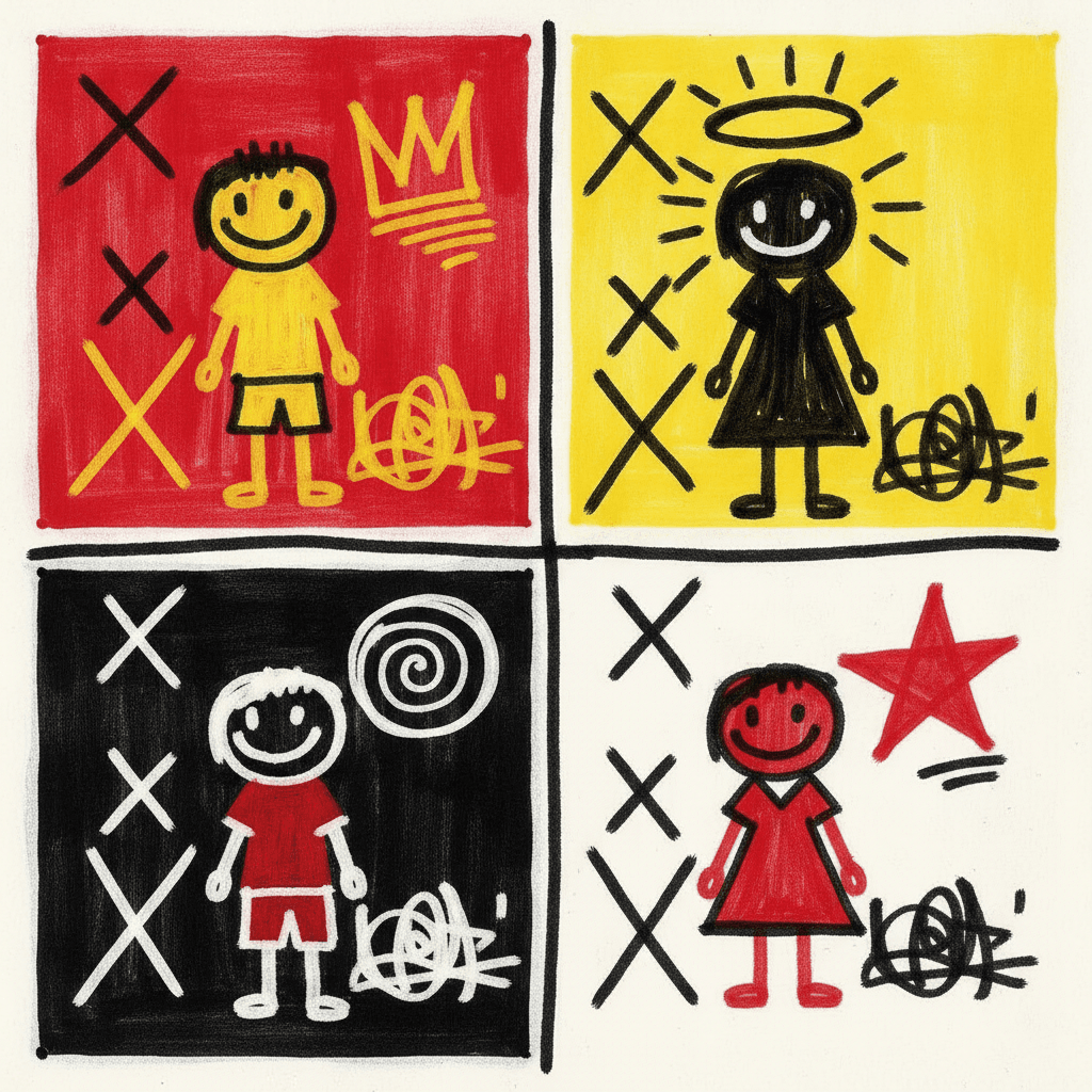 A two-by-two grid of four scrubbed marker panels showing the whole palette of the style — red, electric yellow, black and off-white — each holding one grinning crude marker-drawn child filled in a colour that reverses its own panel: a yellow figure beside a yellow crown on red, a black figure under a halo and ring on yellow, a red figure beside a white spiral on black, and a red figure beside a red five-pointed star on off-white, with crossed X marks in black, yellow and white and a tangle of looping scribble scrawled into every panel