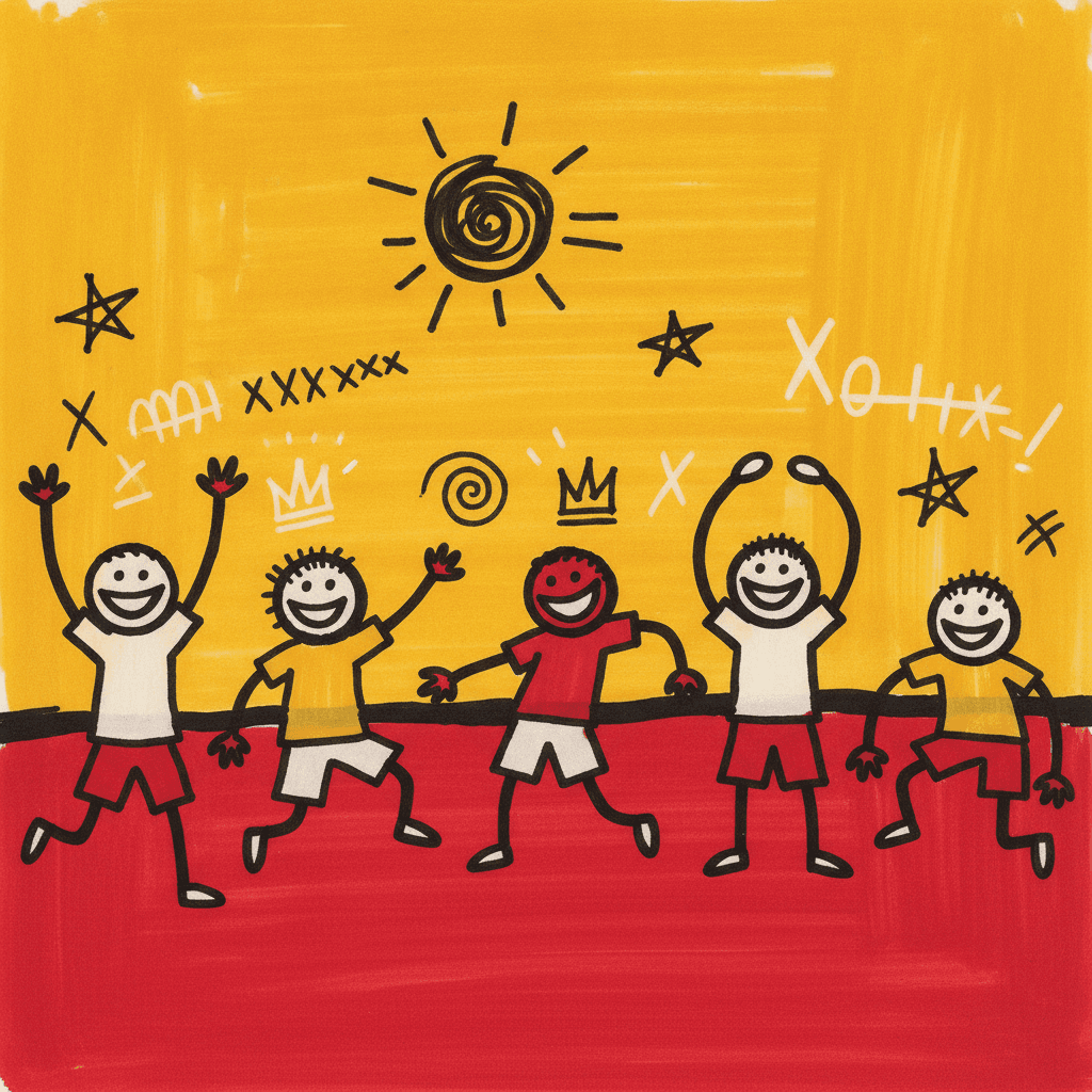 Five crude marker-drawn children in scrawled t-shirts and shorts leaping and reaching up along a scrubbed red band, all grinning with dot eyes and wide curved mouths, against a flat electric-yellow field above them holding a black spiral sun with short crooked rays, two scrawled crowns, a second spiral, black and white five-pointed stars, rows of crossed tally strokes and scattered scribble