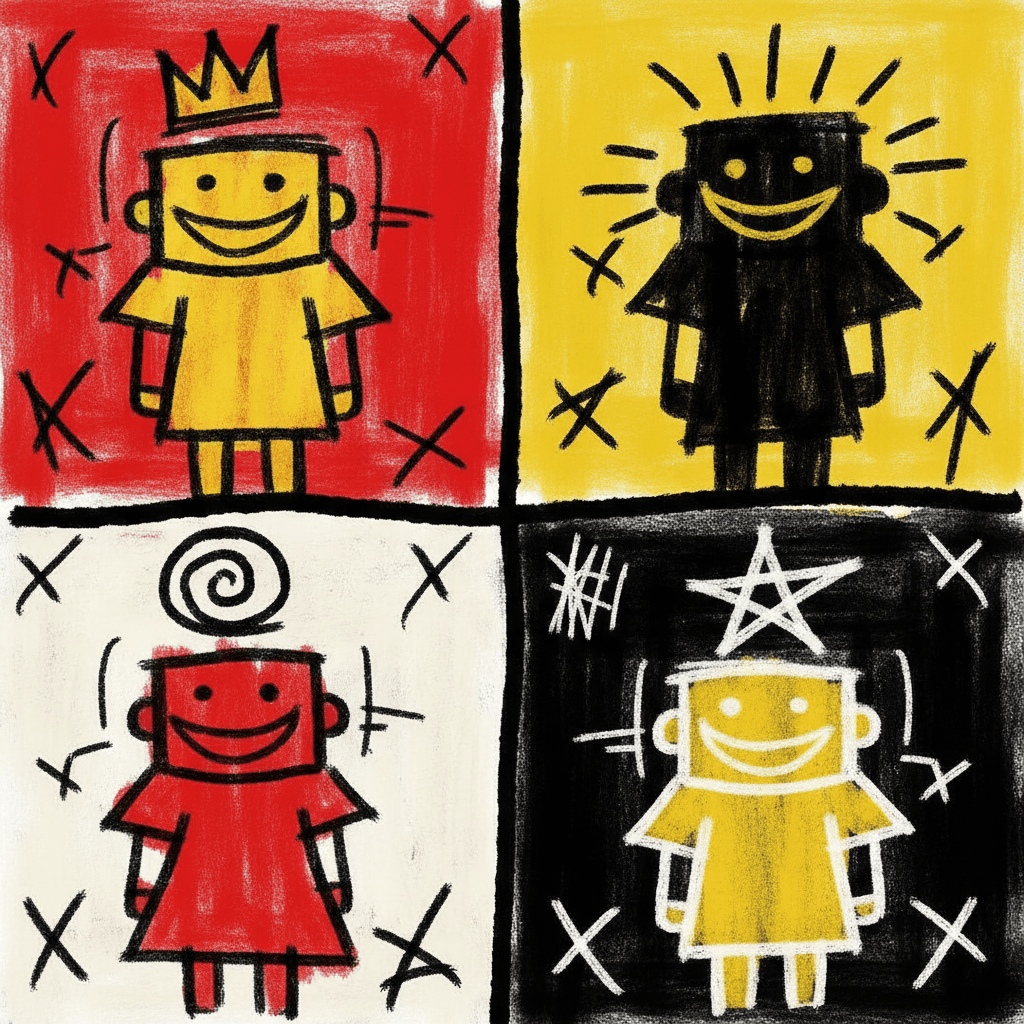 A two-by-two grid of scrubbed colour fields — red, electric yellow, off-white and solid black — each holding one crude marker-drawn figure with a blocky head, dot eyes and a wide curved grinning mouth, wearing a simple scrawled dress, and each marked differently above the head: a yellow figure under a jagged crown on red, a black figure under a halo of short rays on yellow, a red figure under a black spiral on off-white, and a yellow figure drawn in white outline under a white five-pointed star on black, with crossed X marks and short tally strokes scribbled into every quarter