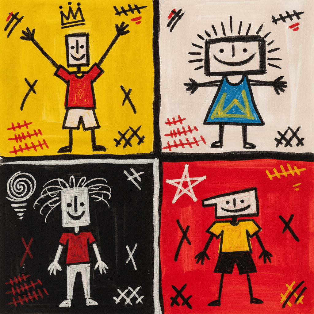 A two-by-two grid of scrubbed yellow, off-white, black and red fields, each holding one crude marker-drawn figure built to a visibly different shape and all four grinning: a tall thin figure in a red t-shirt with both arms raised under a crown on yellow, a round figure in a blue dress with short limbs held out under a halo of rays on off-white, a figure with wild scribbled hair drawn in white line beside a white spiral on black, and a broad square-shouldered figure in a yellow t-shirt and black shorts under a white five-pointed star on red, with red, white and black tally strokes and crossed X marks scrawled around each