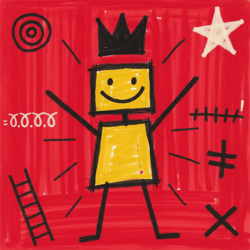 One crude marker-drawn figure filled flat yellow standing on a scrubbed red square with both stick-thin black arms raised, a blocky head with two dot eyes and one wide curved grinning mouth, a large solid black three-point crown drawn on top of it and short black rays scribbled outward all around the body, with a black bullseye spiral in the upper left, a white five-pointed star in the upper right, a crooked black ladder at the lower left, a row of looping illegible scrawl on the left and tally strokes and a crossed X on the right