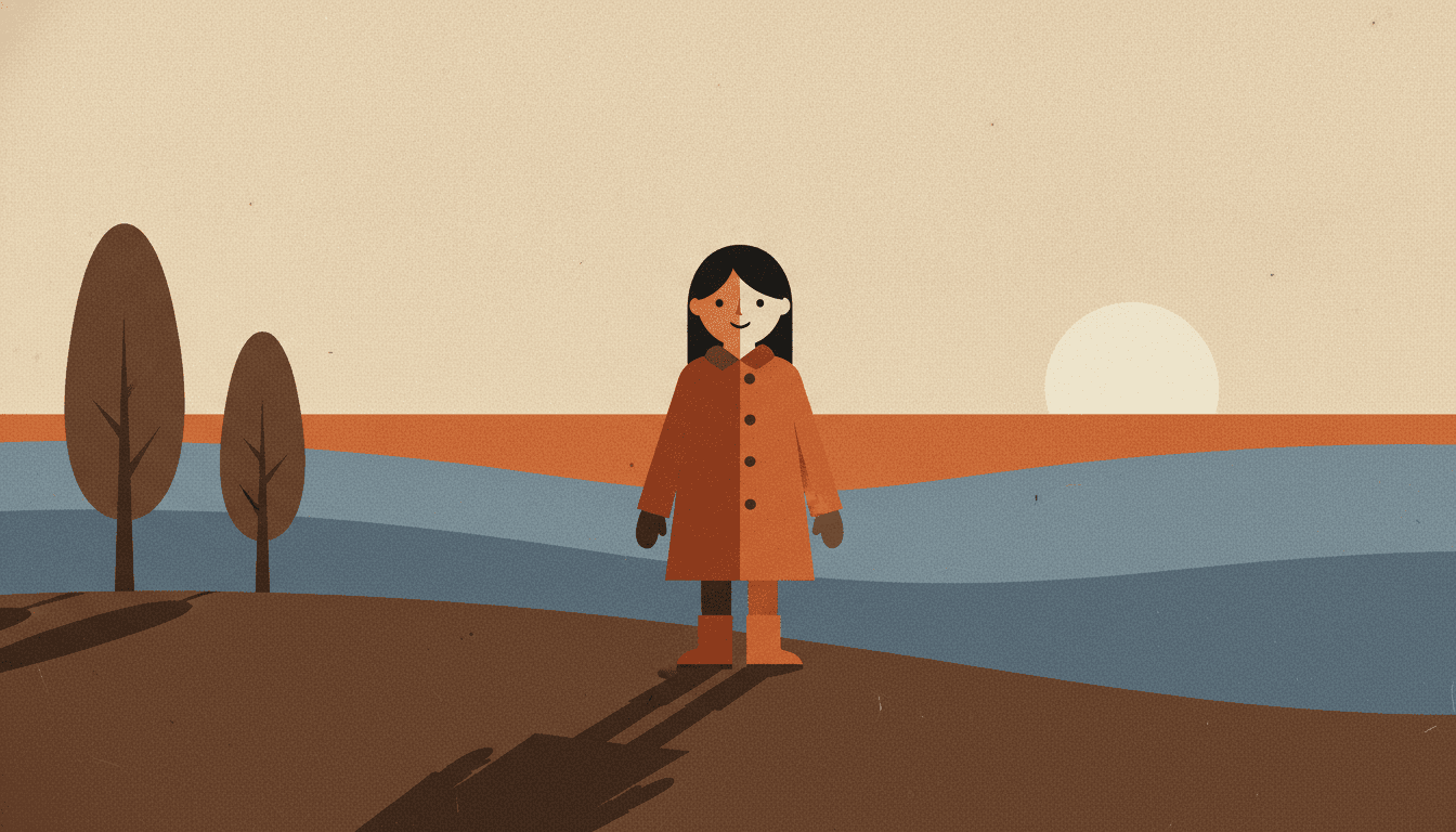 A girl of about eight in a burnt orange buttoned coat stands in open hill country at sunset, drawn entirely in flat shapes of colour with no outlines. Her face and her coat are each split down the middle into a lighter side and a darker side along one hard edge, and her long shadow lies across the deep brown near hillside as a single flat slab. Behind her the land is stacked in flat bands — a dusk blue ridge, a narrow strip of burnt orange sky and a wide grainy cream sky with a pale circle of sun low on the right — and two plain brown tree shapes stand at the left, with a dusty film grain lying over the whole picture