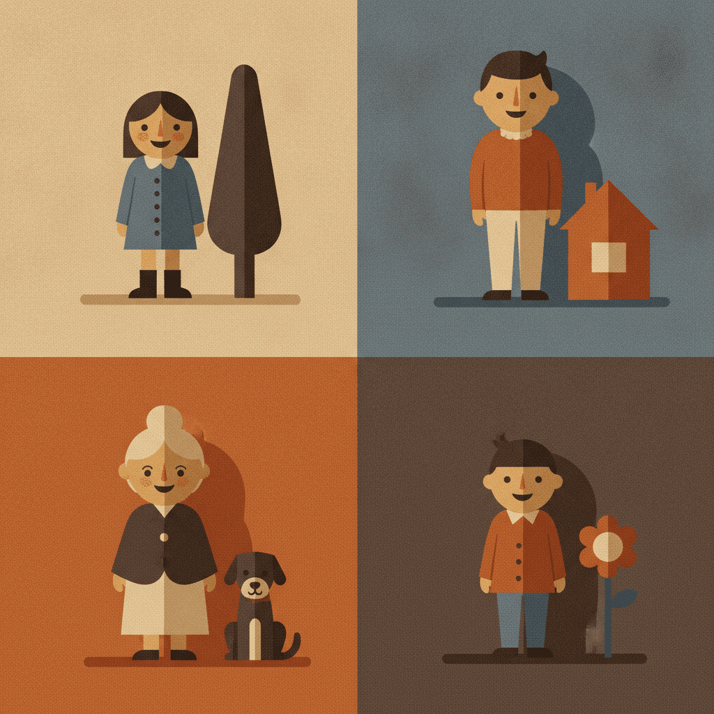 A two-by-two grid laying out the whole palette of the style, each quarter one flat field — grainy cream, dusty dusk blue, burnt orange and deep shadow brown — with the colours swapped between the quarters so each one shows against the others. A girl in a blue dress stands beside a dark tree, a man in an orange jumper beside a house with a lit window, a grandmother in a brown cape over a cream skirt beside a sitting dog, and a boy in an orange coat beside a single flower. Every figure is split into a lighter and a darker piece by the same light from the left, and nothing anywhere is bright, hot or fully saturated