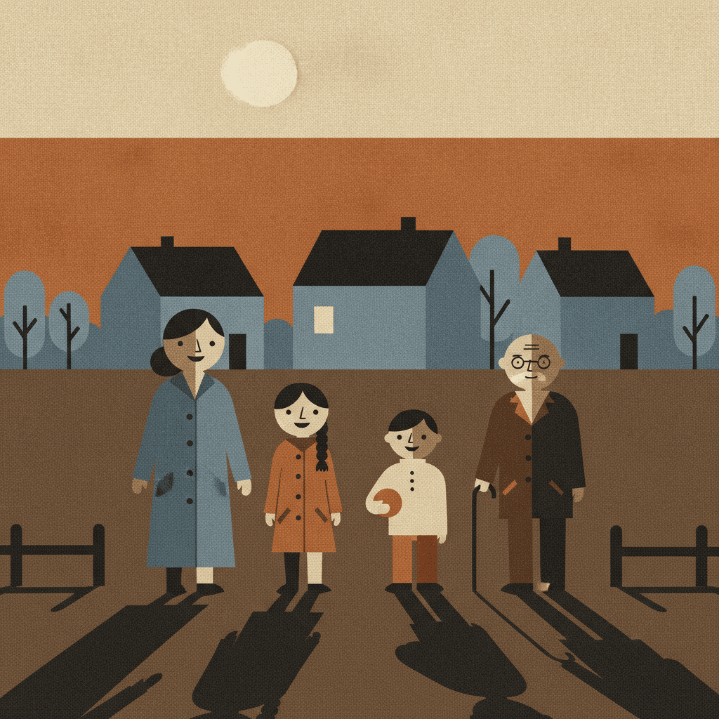 A small village at dusk built as flat layers stacked from the bottom of the square to the top. Four figures stand on a deep brown near field — a woman in a long dusk blue coat, a girl in a burnt orange coat with a dark plait, a boy in a cream jumper holding an orange ball, and a grandfather in a brown jacket with glasses and a walking stick — each throwing a long dark shadow that reaches toward the viewer. Behind them a row of dusk blue houses with black roofs, one small cream rectangle of warm light in a window of the middle house, then blue tree shapes, a band of burnt orange sky and a grainy cream sky with a pale moon