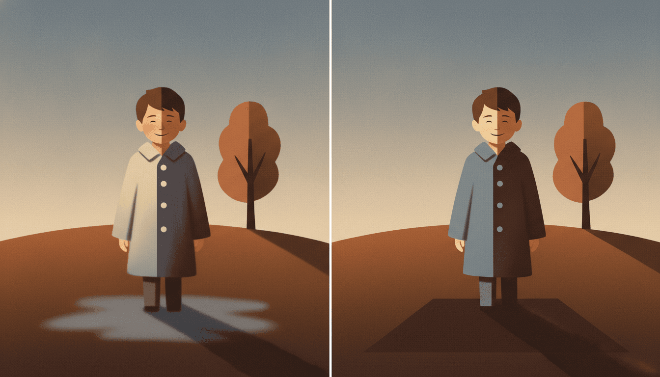 One wide frame split down the middle, showing the same boy beside the same tree on the same hillside, lit from the same direction, drawn two ways. On the left the shadow is made with a blend: the lit side of his coat fades gradually into the shadowed side with no edge between them, his face is softly rounded, the sky is a smooth graded wash, and the shadow on the ground is a pale blurred pool with feathered edges that fade away into nothing. On the right the same boy with every piece of light and shadow cut as a flat shape instead — his coat pale blue on one side and near black on the other, meeting along one hard straight edge down his front, the tree split light against dark, and his shadow on the ground a single dark slab with straight sides and a definite end