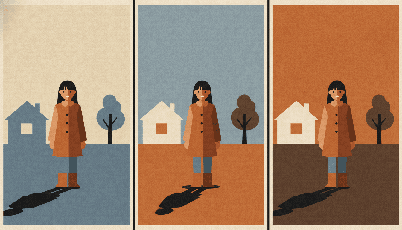 Three upright panels side by side showing the identical scene three times: the same girl in the same burnt orange coat standing between a plain house with one window and a simple tree. Only the light changes. In the first panel the sky is pale grainy cream and the ground cool dusk blue; in the second the sky is light blue and the ground warm burnt orange; in the third the sky is deep burnt orange and the ground deep shadow brown. Her coat stays the same colour throughout, her shadow is a flat hard-edged shape in all three, and the house and tree shift from blue to cream to dark with the hour