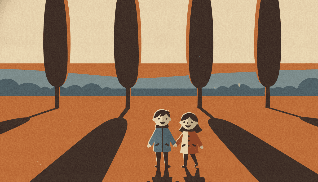 Low evening light rakes across a wide burnt orange field and the subject of the picture is the shadows it makes. Four tall dark tree shapes stand spread across the frame and from the foot of each one a long shadow stretches away as a clean slab of deep brown with straight edges, no fading along its length and no softness at its tip. Two children walk together in the middle of the field, one in a dusk blue coat and one in a cream and red coat, both small, both smiling. Behind them the land is stacked in flat bands — a dusk blue hedge line, a lighter blue ridge, a strip of orange and a wide grainy cream sky