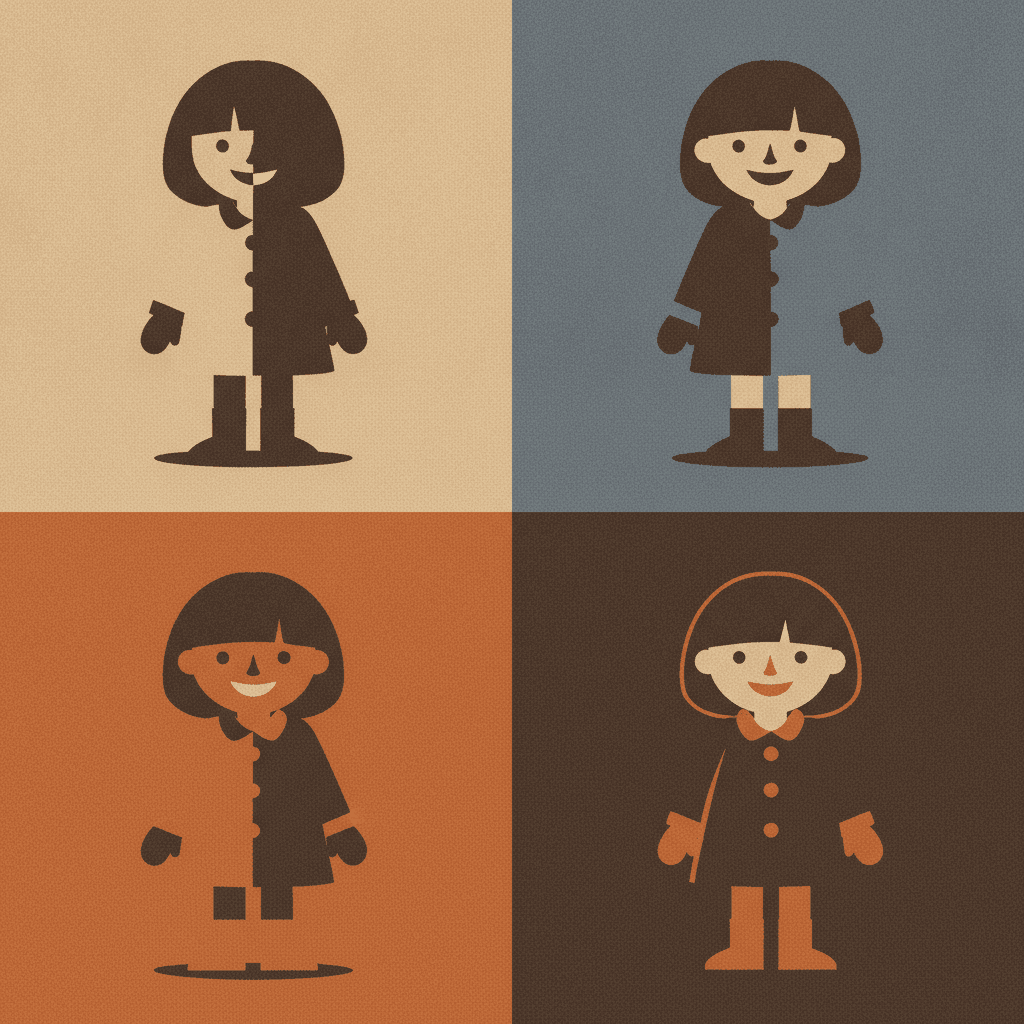 A two-by-two grid of four flat colour fields — grainy cream, dusty dusk blue, burnt orange and deep shadow brown — each holding the same girl with a dark bob and a buttoned coat, smiling, built from the same few flat shapes every time. What changes between the quarters is only where the light is: in two of them it comes from one side and her face is pale on that side and dark on the other, in one it falls from above, and in the last it comes from behind her so almost all of her goes dark and only a bright burnt orange rim survives down one edge of her coat and her hair