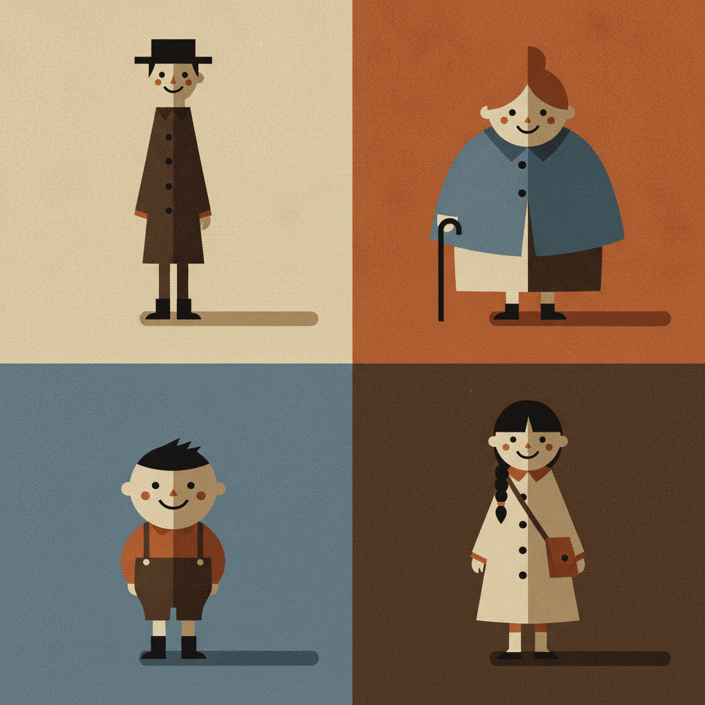 A two-by-two grid of four flat colour fields, each holding one figure told apart from the others by the shape of their silhouette alone: on cream a very tall thin man in a long brown coat and a flat black hat, on burnt orange a short round grandmother in a dusk blue cape over a cream skirt with a thin walking stick, on dusk blue a small round boy in an orange jumper and brown shorts, and on deep brown a girl in a long cream coat with a dark plait and a satchel at her hip. The same light comes from the left in every quarter, so each garment is cut into a lighter left piece and a darker right piece along one hard edge, and each figure throws one short flat shadow slab to the right