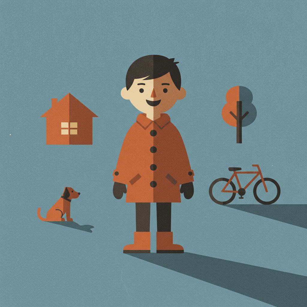 A boy of about nine stands alone in the centre of a flat dusk blue square, the style reduced to its smallest statement: a burnt orange coat, a dark hair shape, a cream face, two mitten hands and two orange boots, with no outline or contour anywhere. A strong light from the left cuts every shape on him into two flat pieces along one hard vertical edge, and one long shadow slab stretches away from his boots to the right. Four simple objects sit around him on the empty blue field — an orange house with one lit window, a tree, a sitting dog and a bicycle — and each of those is split by the same light and casts its own flat shadow