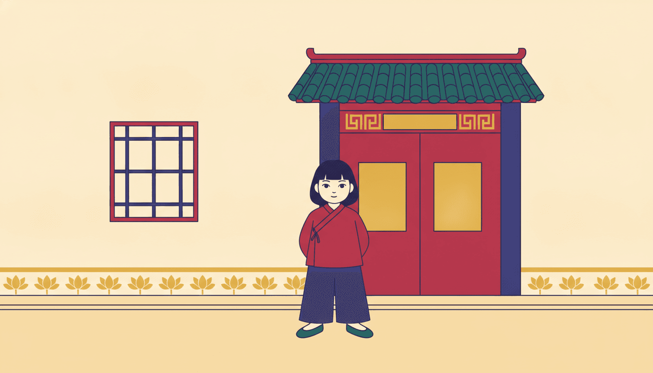 A flat picture-book illustration of one small girl standing on a cream pavement in front of a Chinese courtyard gateway. She has a dark bob with a straight fringe, a crimson wrapped jacket crossed over at the front, wide indigo trousers and flat teal shoes, and she stands with her feet apart and both hands held together in front of her, looking out of the picture with a small calm smile. Her clothes carry no pattern at all. The gateway behind her on the right has two deep crimson doors, each with a plain gold panel set into it, indigo posts at either side, and a wide beam above carrying a repeating gold key-fret border on either side of a blank gold plaque. Above the beam sits a roof of deep teal curved tiles with a crimson ridge. To the left a cream wall carries a square window of indigo lattice bars in a crimson frame, and a band of flat gold lotus shapes runs along the foot of the wall from one edge of the picture to the other. Every colour is laid down flat, with no shading, no texture and no shadow anywhere.