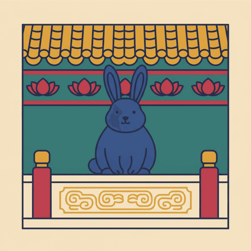 A flat picture-book illustration of one small girl standing on a cream pavement in front of a Chinese courtyard gateway. She has a dark bob with a straight fringe, a crimson wrapped jacket crossed over at the front, wide indigo trousers and flat teal shoes, and she stands with her feet apart and both hands held together in front of her, looking out of the picture with a small calm smile. Her clothes carry no pattern at all. The gateway behind her on the right has two deep crimson doors, each with a plain gold panel set into it, indigo posts at either side, and a wide beam above carrying a repeating gold key-fret border on either side of a blank gold plaque. Above the beam sits a roof of deep teal curved tiles with a crimson ridge. To the left a cream wall carries a square window of indigo lattice bars in a crimson frame, and a band of flat gold lotus shapes runs along the foot of the wall from one edge of the picture to the other. Every colour is laid down flat, with no shading, no texture and no shadow anywhere.0