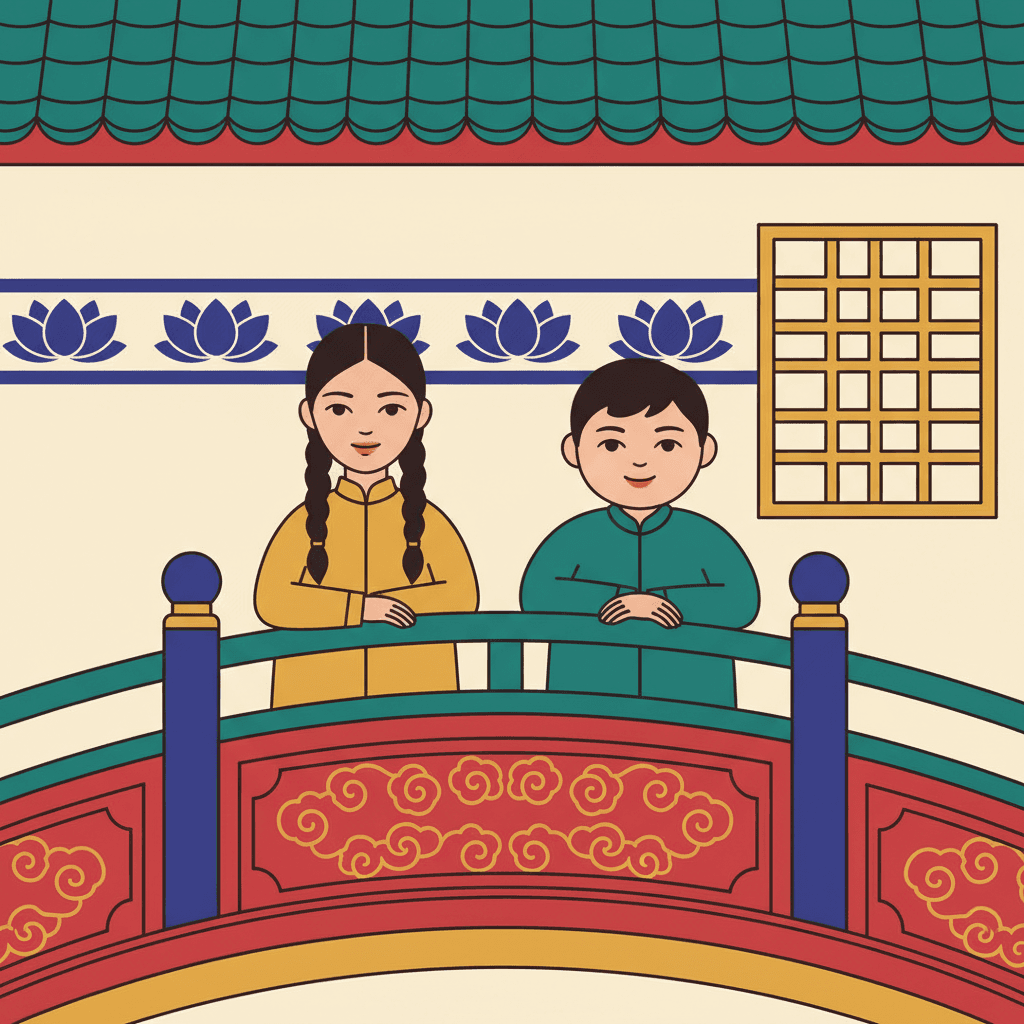 A flat picture-book illustration of one small girl standing on a cream pavement in front of a Chinese courtyard gateway. She has a dark bob with a straight fringe, a crimson wrapped jacket crossed over at the front, wide indigo trousers and flat teal shoes, and she stands with her feet apart and both hands held together in front of her, looking out of the picture with a small calm smile. Her clothes carry no pattern at all. The gateway behind her on the right has two deep crimson doors, each with a plain gold panel set into it, indigo posts at either side, and a wide beam above carrying a repeating gold key-fret border on either side of a blank gold plaque. Above the beam sits a roof of deep teal curved tiles with a crimson ridge. To the left a cream wall carries a square window of indigo lattice bars in a crimson frame, and a band of flat gold lotus shapes runs along the foot of the wall from one edge of the picture to the other. Every colour is laid down flat, with no shading, no texture and no shadow anywhere.1