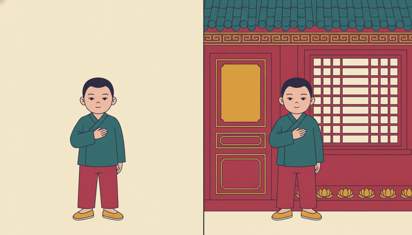 A flat picture-book illustration split down the middle into two halves by a single vertical line, with the same boy drawn once in each half. In both halves he wears the same deep teal wrapped jacket, the same crimson trousers and the same flat gold shoes, and he stands in the same pose: facing the viewer, left arm hanging down, right hand resting flat on his chest, with a small closed smile. In the left half he stands against completely bare cream, with nothing at all drawn behind him or beside him. In the right half the same boy in the same pose stands in front of a densely decorated crimson wall: a tall panelled door beside him carrying one large plain gold panel and two smaller framed panels below it, a cream lattice window of thin crimson bars to his right, a wide beam above him with a repeating gold key-fret border running along it, a row of deep teal curved roof tiles across the top, and a row of flat gold lotus shapes along the foot of the wall. The boy himself is the same on both sides; only what is behind him changes.
