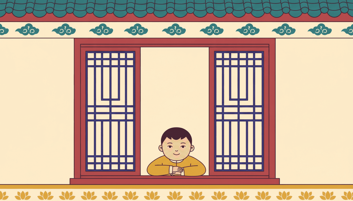 A flat picture-book illustration of a large wooden window seen close to and straight on, filling most of a wide frame. The window has a crimson frame and two tall panels of thin indigo lattice bars, one at each side, with an open gap between them. Leaning on the sill in that gap, seen from the chest up, is one boy with short dark hair and a round face, wearing a plain gold-yellow jacket with no pattern on it, his forearms folded along the sill and his hands loosely together, looking out towards the viewer with a small closed smile. The cream wall around the window carries a repeating band of flat teal cloud-scroll shapes along the top and a repeating band of flat gold lotus shapes along the bottom, both running off the left and right edges of the picture. Above the wall a crimson line and a row of deep teal curved roof tiles run the full width. There is no glass in the window, and nothing casts a shadow.