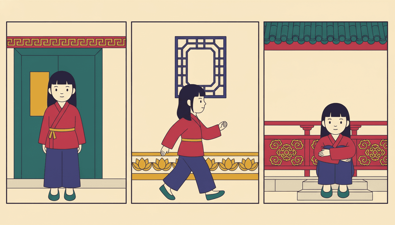 A flat picture-book illustration laid out as three upright panels side by side, each with its own thin dark border and a narrow cream gap between them, showing the same girl three times. In every panel she wears the same crimson wrapped jacket with a gold sash, the same indigo trousers and the same flat teal shoes, and has the same long dark hair with a straight fringe. In the left panel she stands facing the viewer in front of a deep teal panelled door with a plain gold panel on it, under a crimson beam carrying a repeating gold key-fret border. In the middle panel she is walking to the right in mid-stride with one arm swinging, past a cream wall with an indigo lattice window above her and a band of flat gold lotus shapes running along the bottom. In the right panel she sits on a pale stone step with her arms folded over her knees, in front of a crimson railing carrying repeating gold cloud-scroll medallions, with deep teal roof tiles above her.