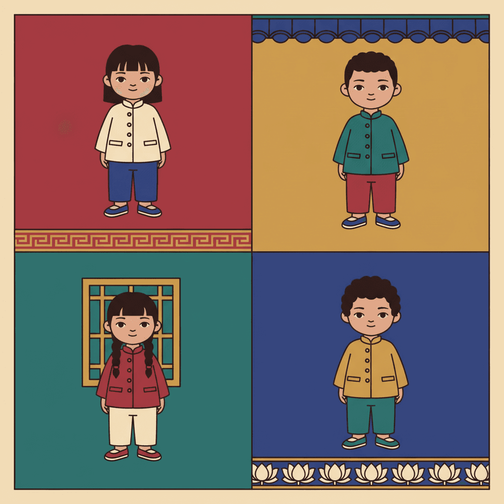 A flat picture-book illustration arranged as four equal square panels in a two-by-two grid, separated by thin cream lines with a cream border around the outside. Each panel is one solid colour with one child standing squarely in it, facing the viewer with their arms at their sides. The top left panel is crimson, with a girl in a cream buttoned jacket and indigo trousers, and a repeating gold key-fret border along the bottom of the panel. The top right panel is deep gold, with a boy in a teal buttoned jacket and crimson trousers, and a row of indigo roof tiles along the top. The bottom left panel is deep teal, with a girl in a crimson jacket and cream trousers standing in front of a gold lattice window panel. The bottom right panel is deep indigo, with a boy in a gold jacket and teal trousers, and a row of pale lotus shapes along the bottom. All four children are drawn at the same size with the same crisp dark outline, and each has different hair: a bob, short hair, plaits and curls.