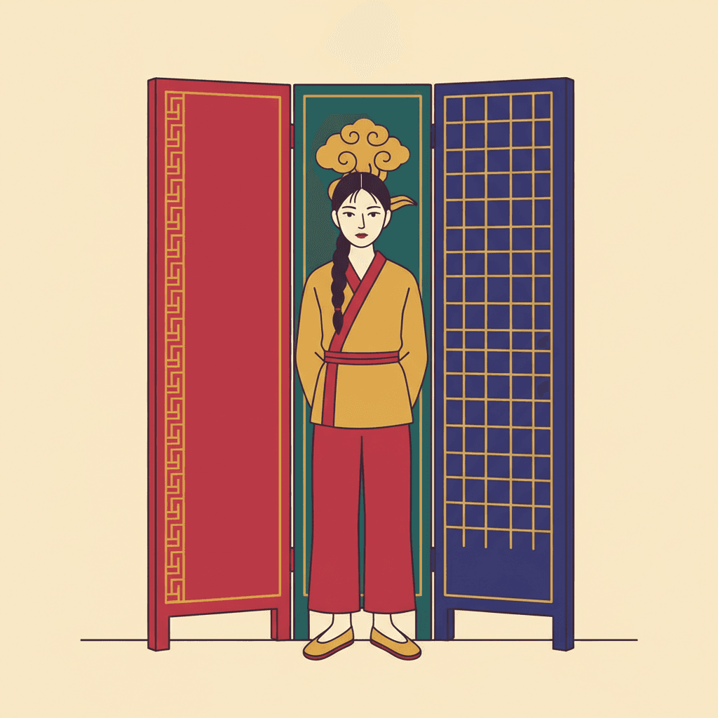 A flat picture-book illustration of a folding screen of three tall panels standing on a cream ground. The left panel is crimson with a gold key-fret border running around its inside edge, the middle panel is deep teal, and the right panel is indigo filled with a grid of thin gold lattice bars. Standing in front of the middle panel is a young woman in a plain gold-yellow wrapped jacket with a crimson sash and wide crimson trousers, with flat gold shoes and a long dark plait falling over one shoulder. Her clothes carry no pattern at all. She stands still with her hands at her sides, looking out of the picture. Above her head a large flat gold cloud-scroll shape sits against the teal panel, resting there like an ornament in her hair. All the decoration in the picture is on the screen rather than on her, and nothing casts a shadow.