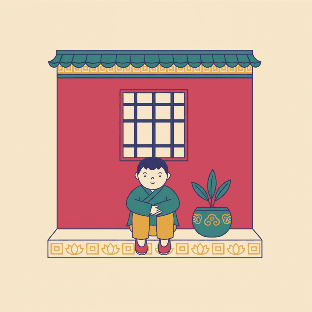A flat picture-book illustration of one boy sitting on a low pale stone step in front of a crimson wall, with his knees drawn up and both arms wrapped around them, looking out of the picture. He has short dark hair and wears a plain deep teal wrapped jacket with no pattern on it, gold-yellow trousers and flat crimson shoes. Behind him the crimson wall carries a square window of thin indigo lattice bars, and above that a band of repeating gold pattern runs beneath a roof of deep teal curved tiles. The front edge of the step is painted with a repeating band of flat gold lotus shapes alternating with small gold squares. To his right a round teal plant pot decorated with a gold cloud-scroll pattern holds three plain teal leaves. The boy is the only plain, unpatterned thing in the picture, and nothing casts a shadow.