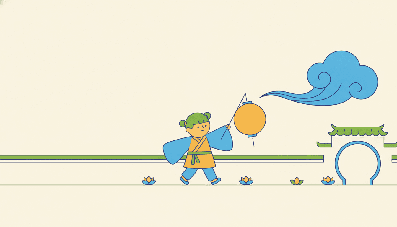 A small child walks from left to right along a path in a wide, mostly empty cream picture, carrying a big flat orange paper lantern on a thin stick held up in one hand. The child is built from a few plain shapes: a round head with a smooth cap of green hair and two small round bunches, a mustard-yellow wrapped jacket drawn as one simple body shape with a green sash across it, and two wide blue sleeves that hang from the shoulders as broad smooth curves. The face is only a few tiny marks — two small dots for eyes, one short mark for a nose and a small upward curve for a mouth. The legs are plain blue bars with one foot swung forward in mid-stride, and the shoes are two small flat shapes. Every line in the picture is the same even thickness and every colour is laid down flat, with no shading, no texture and no shadow anywhere. Behind the child a long green wall line runs in from the left edge across most of the width. High in the upper right a large flat blue cloud-scroll shape curls over, and at the right edge stands a plain round blue gateway under a green tiled roof. Four small flat lotus shapes in orange and blue sit along a thin green ground line that runs the full width of the picture.