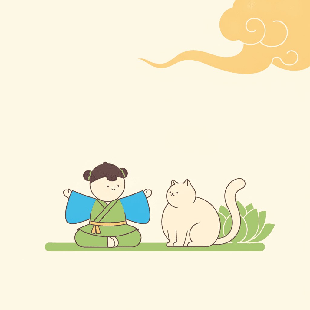 A child sits cross-legged on a flat green band of ground near the bottom of a square cream picture, with a large pale cat sitting upright on the same band a little way to the right. Both are built from the same few rounded shapes. The child has a plain round cream head with a dark bun of hair and two small green bunches, a green crossed jacket with an orange sash, two wide clear-blue sleeves held out to either side ending in two small plain hand shapes, and green folded legs crossed at the ankles. The cat is a large plain cream oval for a body with a smaller rounded head on top, two small triangle ears, and one long smooth tail curving up and over behind it; it sits facing to the right rather than towards the child. Both faces are only a few tiny marks — two small dots for eyes and a short curve for a mouth, with a tiny nose mark on the cat. Behind the cat, two flat green lotus or leaf shapes rise from the ground band. High in the upper right a large flat orange cloud-scroll shape curls in from the edge, drawn with fine spiral curls. The whole upper half of the picture is open cream with nothing in it. Every colour is a flat fill, every line is the same even width, and nothing casts a shadow.