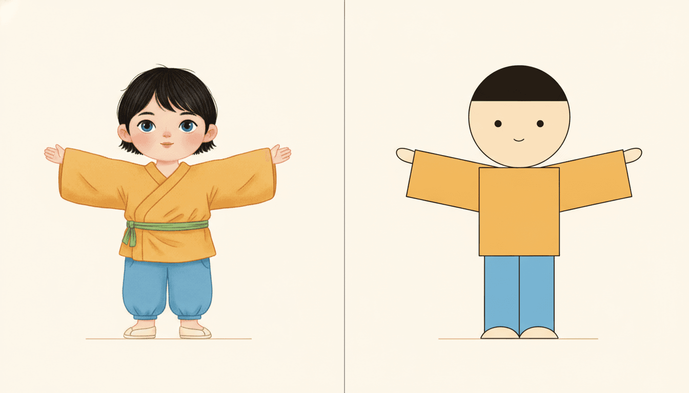 A wide picture divided down the middle by one thin vertical line into two equal halves, showing the same small child in the same pose twice — standing square to the viewer with both arms held straight out sideways. On the left the child is fully rendered: rounded cheeks with pink blush, two large blue eyes with lashes and highlights, a small nose, shaped lips, a fringe of separately drawn black hair strands, and a mustard-yellow wrapped jacket with a green sash that falls in many small folds and creases, over blue trousers gathered at the ankle and two cream slippers, with soft shading on the body and a faint line of shadow under the feet. On the right the identical pose is assembled from a handful of plain flat shapes instead: the head is one clean circle, the hair one solid dark cap shape with no strands in it at all, the body one plain mustard-yellow rectangle, each arm one long flat rectangle ending in a small plain hand shape, each leg one plain blue bar, and the two shoes two small flat shapes. The face on the right is only two small black dots for eyes and one short upward curve for a mouth. Every colour on the right is laid down flat with no folds, no shading and no texture. The background of both halves is plain cream.