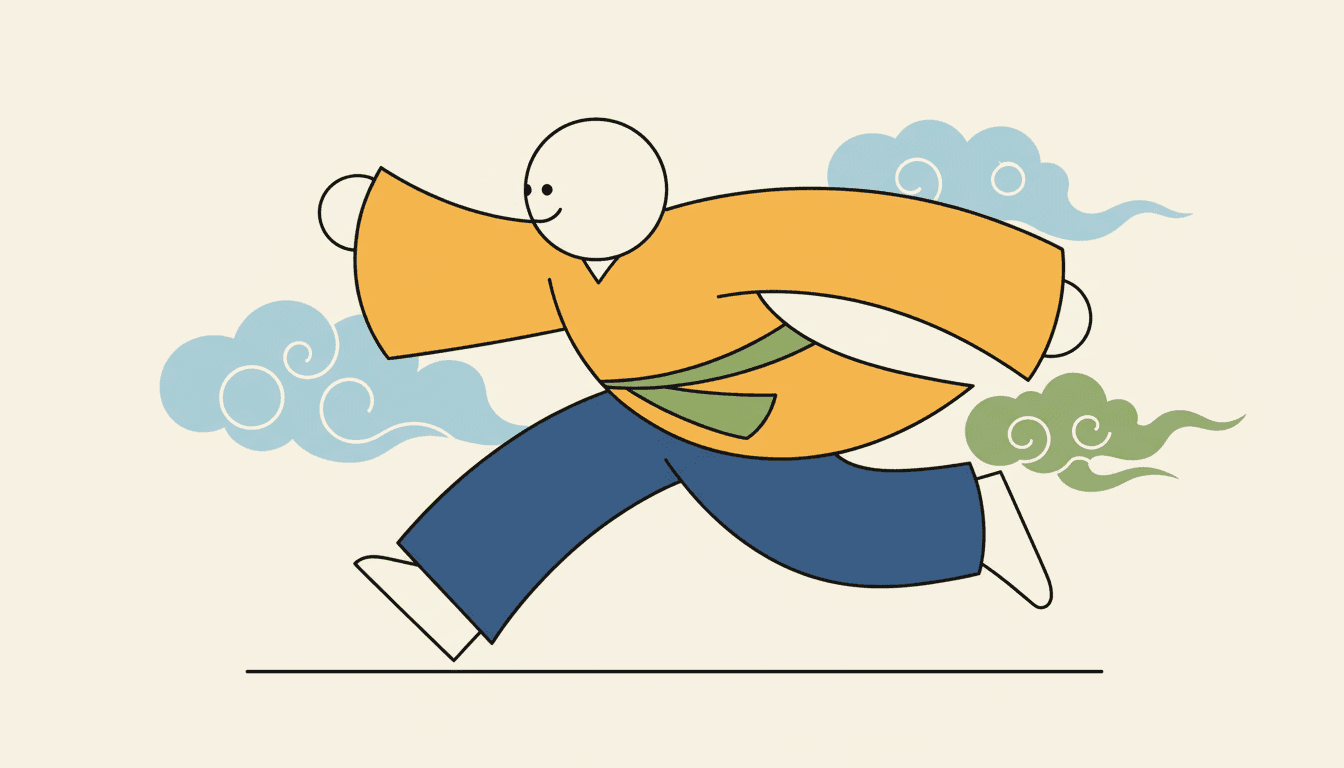 A single child runs from right to left across a wide cream picture, and the whole body is drawn as one long arc. The head is a plain circle with no hair on it, carrying only two small dots for eyes and one short upward curve for a mouth. The torso and sleeves together form one enormous mustard-yellow curve that sweeps from the lifted back arm across the body and out to the front, with a green sash looping at the waist. Both legs are long blue bars, one stretched far out behind and one driven forward, ending in two cream shoes, and both feet are off the ground at once. Flat blue and green cloud-scroll shapes sit behind the figure at the left and the right. One thin even line runs across the lower part of the picture for the ground. Every line is the same width and every colour is a flat fill, with no shading and no shadow anywhere.