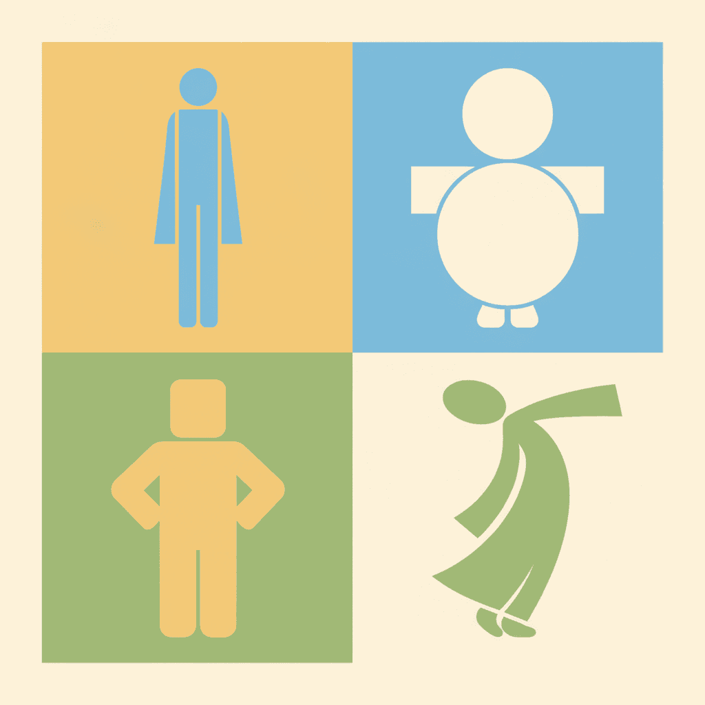 A square picture divided into four panels, each holding one standing figure drawn as a single flat silhouette with nothing at all inside the outline — no face, no hair and no clothing detail. The four are built from completely different shapes. Upper left, a blue figure on a mustard-yellow panel: very tall and narrow, a small round head on a long straight body with a robe falling to the ankles and two thin legs. Upper right, a cream figure on a clear blue panel: very short and very wide, a large circle head above a bigger circle body, with two straight stubby arms sticking out horizontally on either side and two tiny feet. Lower left, a mustard-yellow figure on a leaf-green panel: square and blocky, a rounded-square head above square shoulders, both arms bent out at the elbows with the hands on the hips so that each arm encloses a clear open triangle, and two sturdy legs. Lower right, a green figure sitting directly on plain cream with no panel colour behind it: made almost entirely of curves, an oval head tipped far over to one side, the body one long bending stroke, one arm flung up and out, and two feet together at the bottom. The panels do not quite meet, so a band of cream shows between them and around the outside.