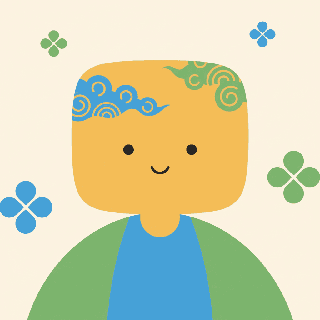 A single enormous head fills almost the whole square, drawn as one rounded square in flat mustard yellow. The face on it is only three marks: two small solid black dots for eyes, set wide apart, and one short upward-curving black line for a smiling mouth — no eyebrows, no lashes, no pupil rings, no nose, no lips and no shading anywhere. Where a fringe of hair would be, two flat cloud-scroll shapes sit across the top of the head instead, one blue on the left and one green on the right, each drawn with fine spiral curls. Below the head a pair of shoulders rises into the bottom corners of the square: a broad green jacket with a clear blue panel down the centre front and a short mustard neck. The background is plain cream with four small flat four-petal flower shapes scattered across it, two blue and two green. Every colour is a flat fill, every line is the same even width, and nothing casts a shadow.