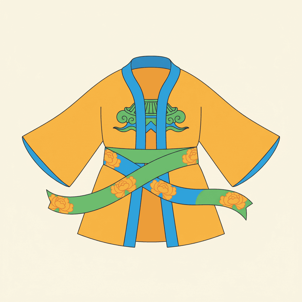 An empty wrapped jacket laid out flat and alone in the middle of a plain cream square, with nobody wearing it and no hanger, rail or mannequin anywhere. The body of the jacket is one broad flat mustard-yellow shape with a straight hem, and the two wide sleeves sweep out and down from the shoulders as two large plain shapes, each edged along the cuff with a band of clear blue. A blue band also runs down both sides of the crossed opening at the front and round the collar. At the chest a flat green cloud-scroll motif curls symmetrically on either side of the opening. Across the waist a long green and blue sash is tied, and its two loose ends run out well past the jacket on both sides and end in clean angled tips in mid-air; the sash carries a row of flat orange peony shapes along its length. Everything is filled with flat colour inside an even dark line, with no folds, no creases, no shading and no shadow.