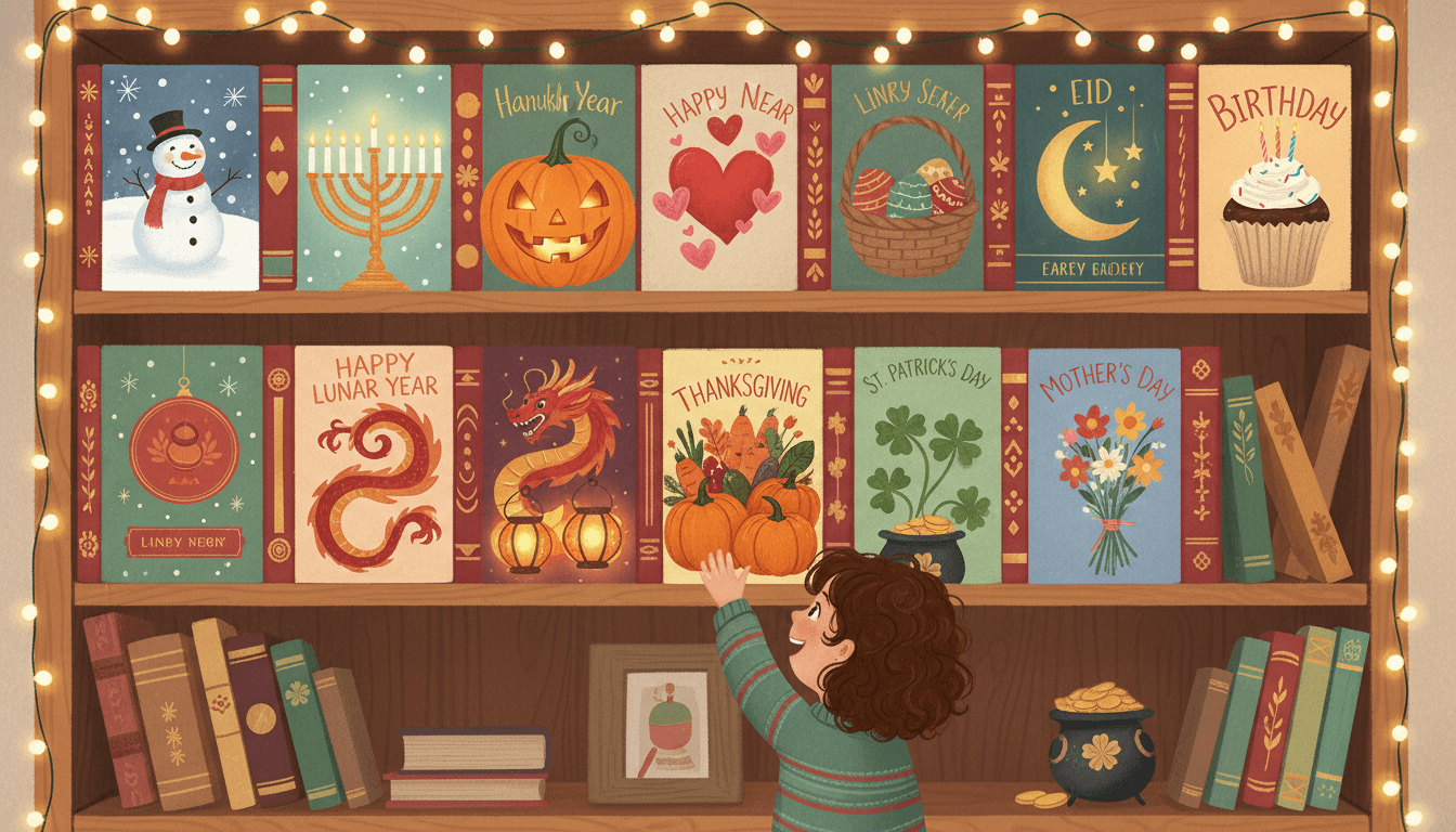 A cozy festive bookshelf of twelve holiday-themed picture books — Christmas, Hanukkah, Halloween, Valentine, Easter, Lunar New Year, Diwali, Thanksgiving and more — all bound and hardcover-ready