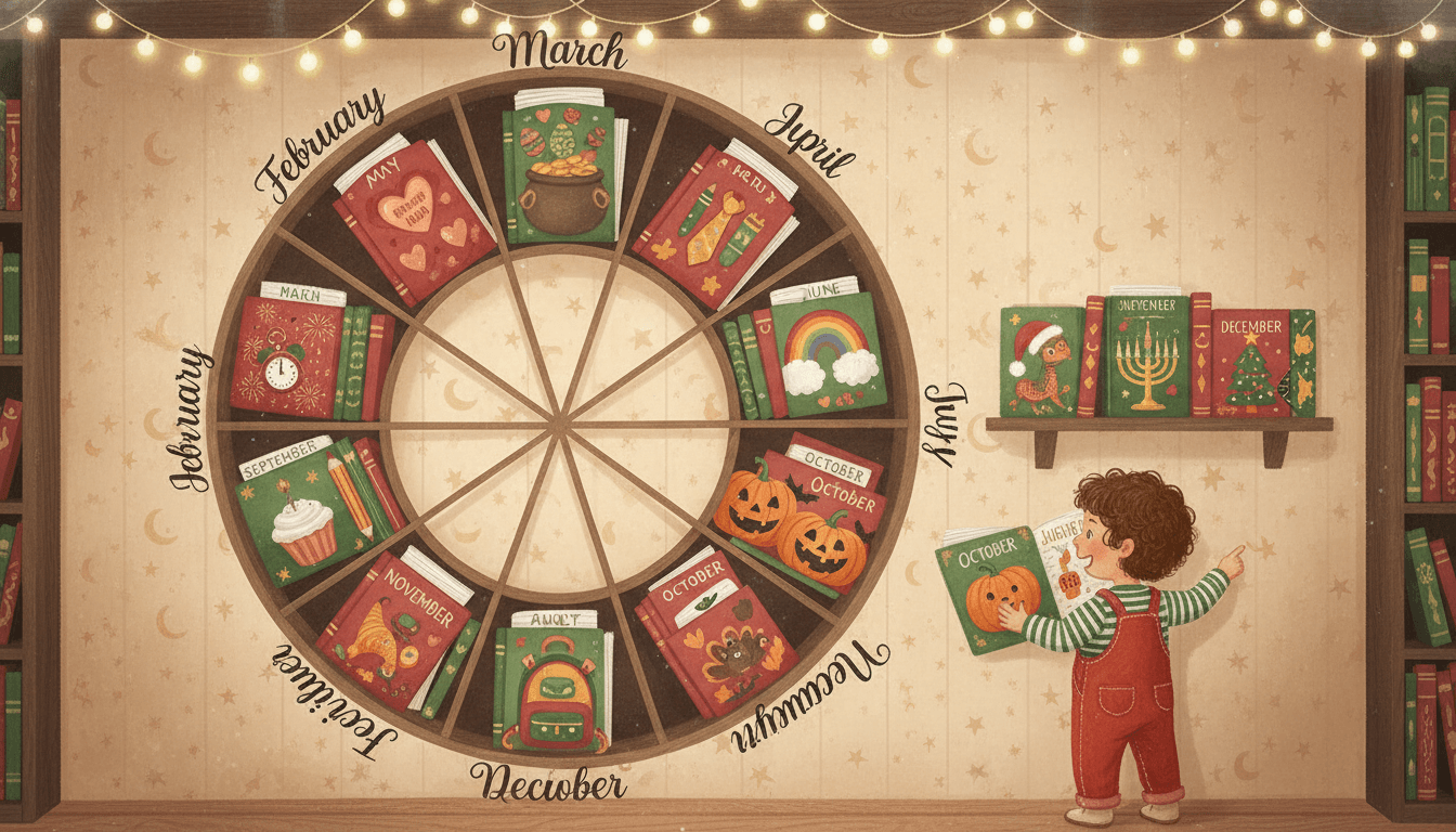 A bookshelf shaped like a year-round calendar wheel with twelve monthly slots — each holding the matching holiday-themed picture book of that month