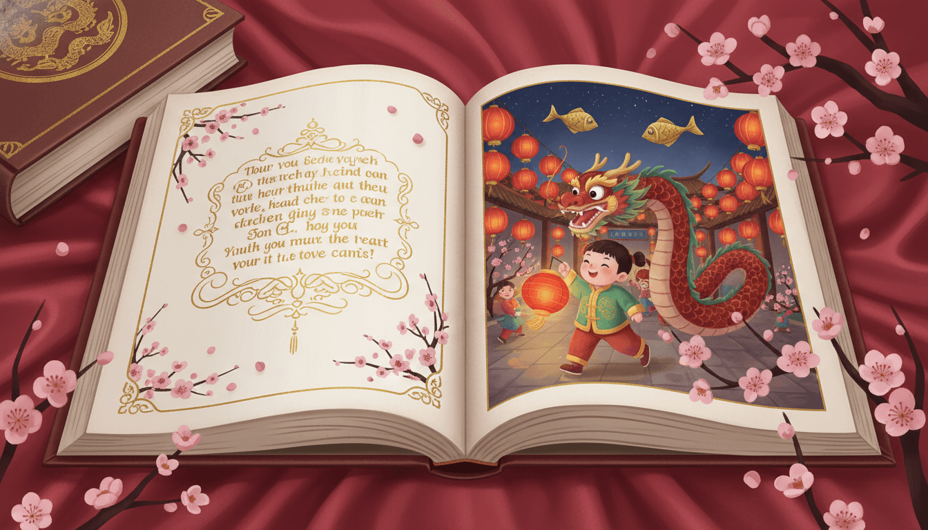 An open Lunar New Year picture book spread with a friendly dragon parade and red lanterns