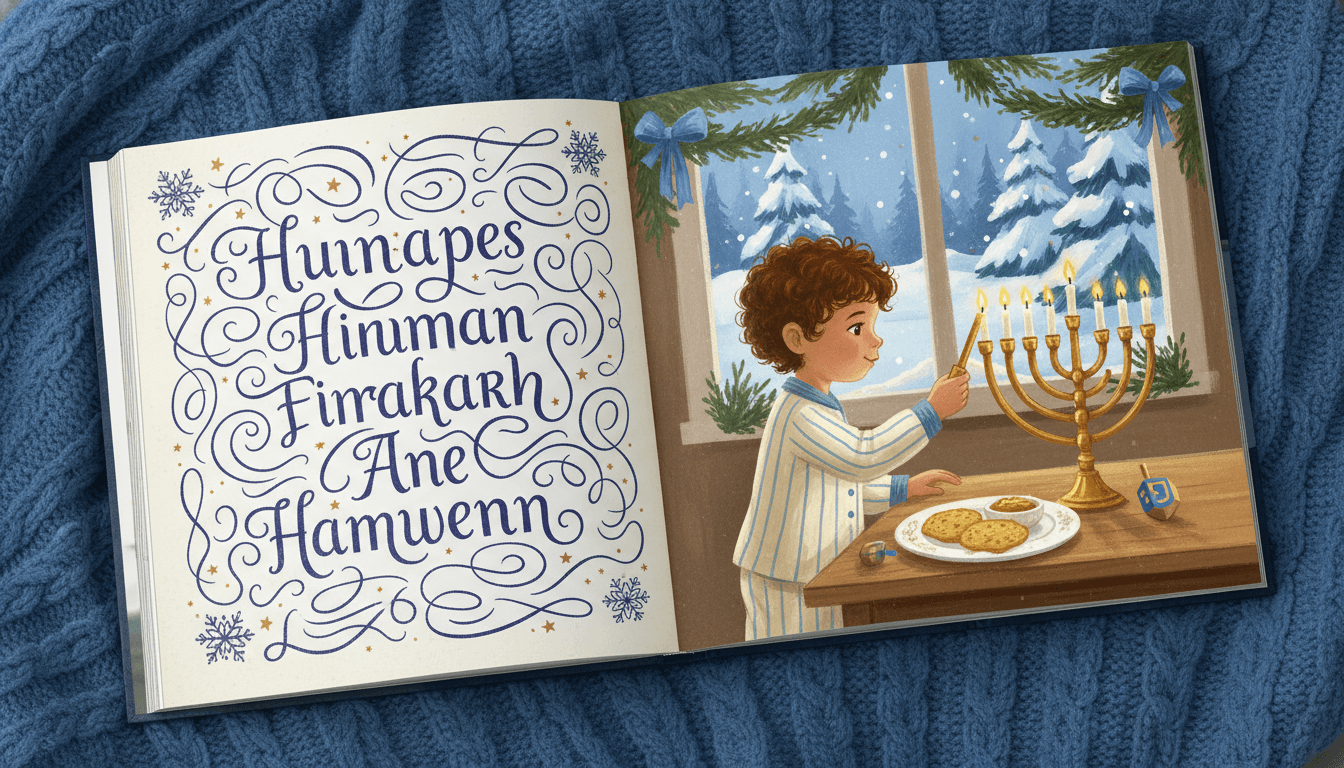 An open Hanukkah picture book spread with a child lighting a glowing menorah