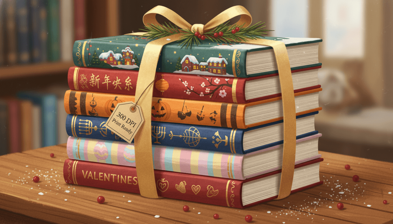 A neat stack of holiday-themed hardcover children's picture books tied with a satin gold ribbon and an evergreen sprig, ready for the gift shelf