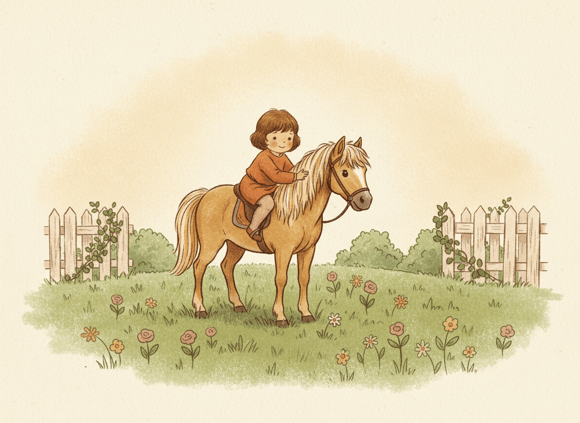 Classic storybook style illustration of a sweet child rider and a gentle pony together in a wildflower meadow