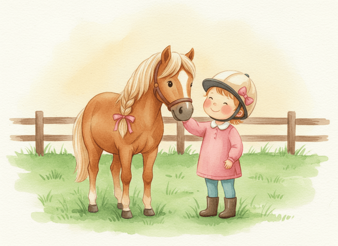 Watercolor style horse story illustration of a happy child in a riding helmet beside a gentle chestnut pony in a green paddock