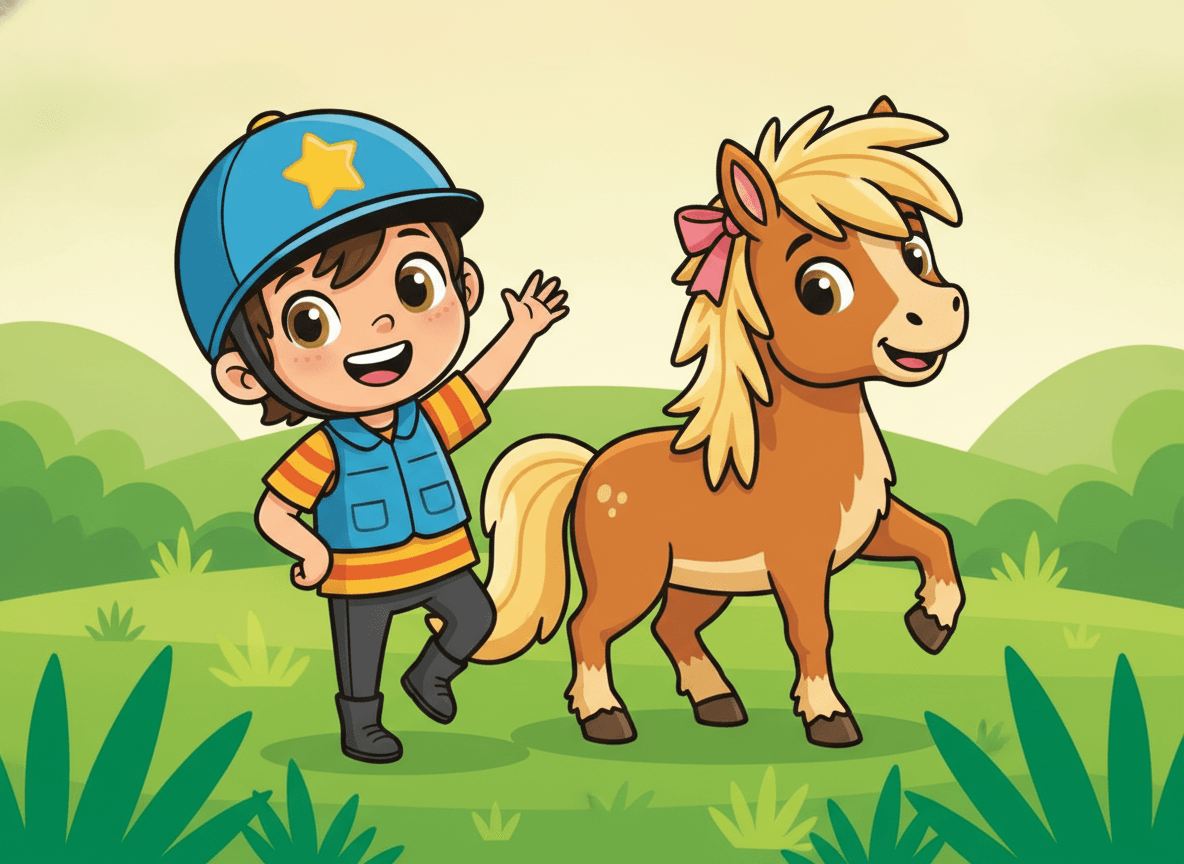 Cartoon style horse story illustration of a happy child rider waving beside a smiling friendly pony in a green paddock