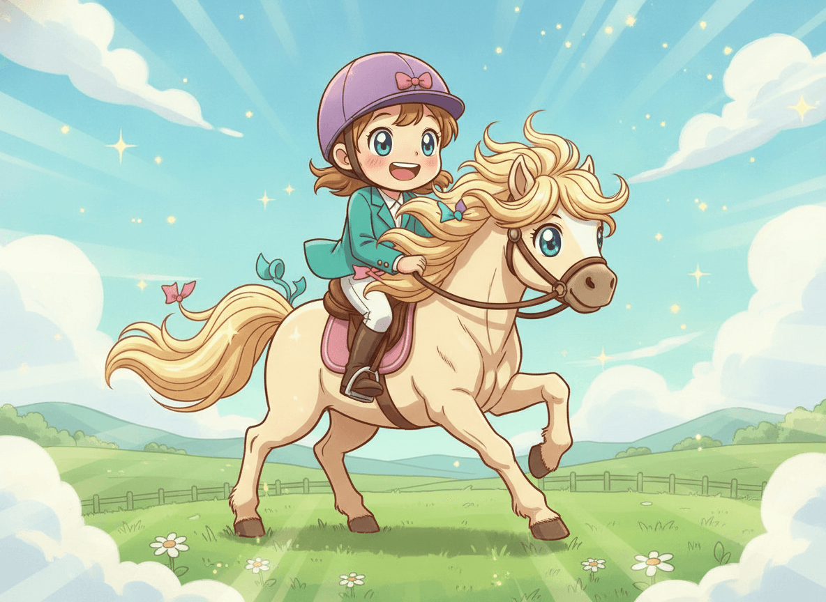 Anime style horse story illustration of a cute child rider and a graceful pony with a flowing mane and sparkles