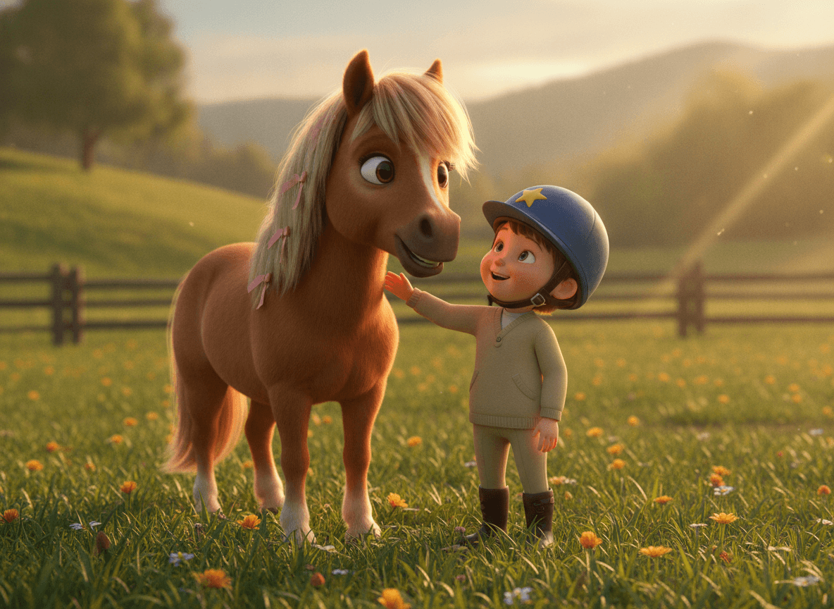 Cinematic 3D style horse story illustration of an adorable child rider beside a gentle chestnut pony at golden hour