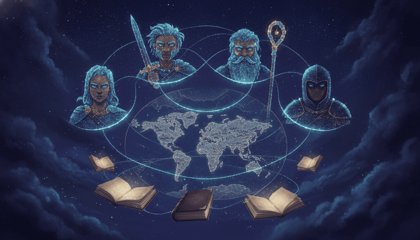 A glowing constellation map of a character universe linking a recurring cast to one shared world and many connected stories
