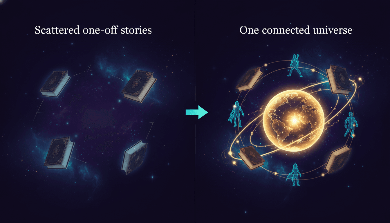A before-and-after showing scattered one-off stories turning into one connected story universe
