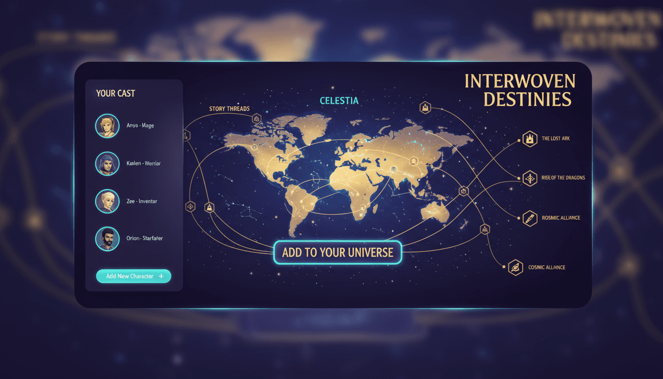 A universe builder interface with a saved cast on the left, a shared world map in the center, and connected story threads
