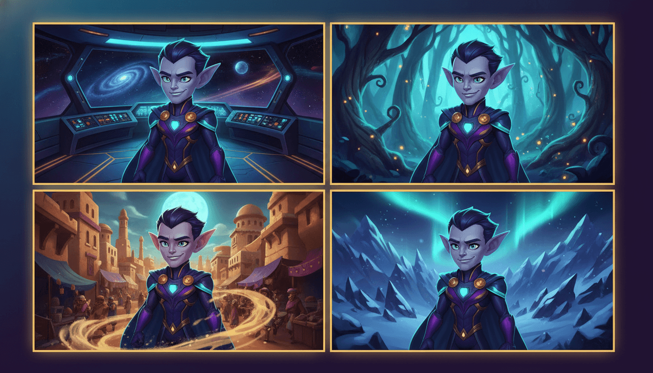 The same recurring hero rendered identically across four different stories inside one universe